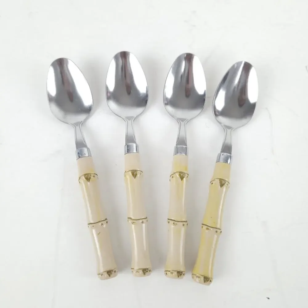 VTG Faux Bamboo Flatware Silverware 18-Set Plastic Stainless Steel Coastal Boho